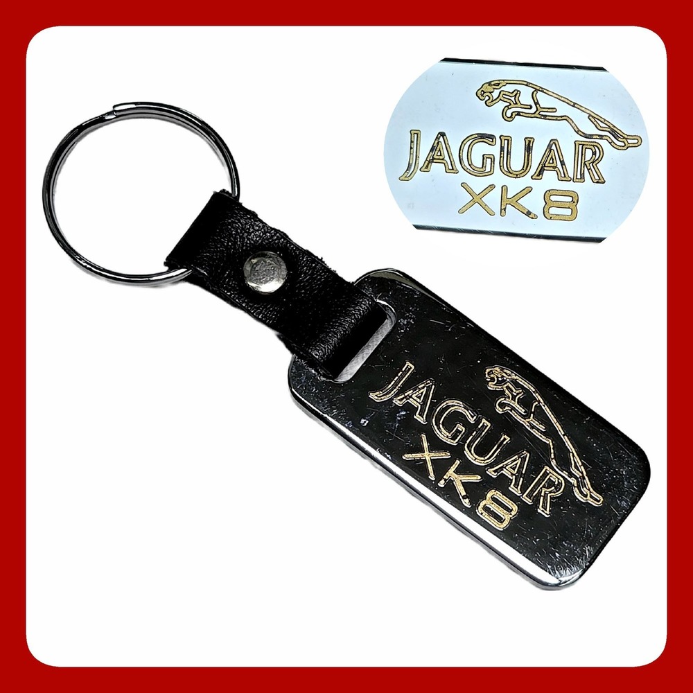 Jaguar XK8 Keychain Black Leather Metal Fob Vintage Universal Brass USA Made